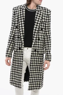 Fashion Cappotto in Tweed Pied de Poule con Bottoni in Velour Uomo Cappotti E Trench