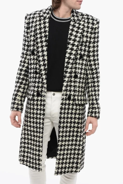 Fashion Cappotto in Tweed Pied de Poule con Bottoni in Velour Uomo Cappotti E Trench