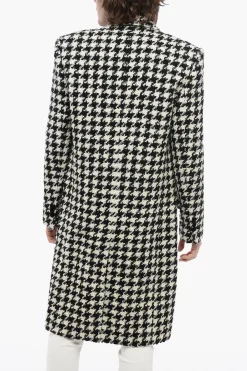 Fashion Cappotto in Tweed Pied de Poule con Bottoni in Velour Uomo Cappotti E Trench
