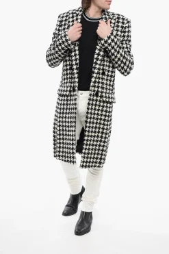 Fashion Cappotto in Tweed Pied de Poule con Bottoni in Velour Uomo Cappotti E Trench