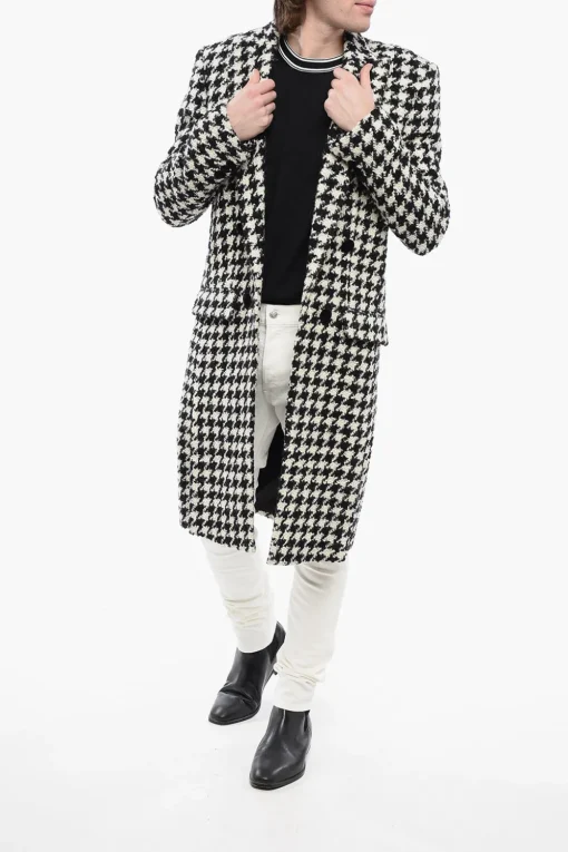 Fashion Cappotto in Tweed Pied de Poule con Bottoni in Velour Uomo Cappotti E Trench