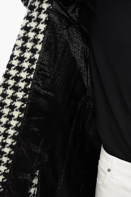 Fashion Cappotto in Tweed Pied de Poule con Bottoni in Velour Uomo Cappotti E Trench