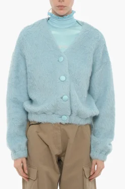 New Cardigan Fluffy in Tinta Unita con Scollo a V Donna Maglieria