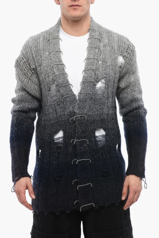 Fashion Cardigan In Lana Effetto Distressed Con Dettagli Perline Uomo Maglieria