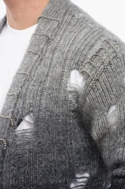 Fashion Cardigan In Lana Effetto Distressed Con Dettagli Perline Uomo Maglieria