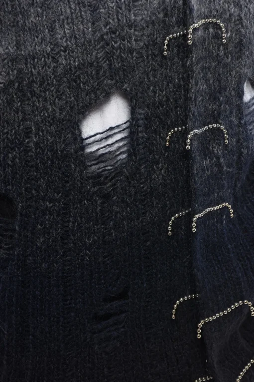 Fashion Cardigan In Lana Effetto Distressed Con Dettagli Perline Uomo Maglieria