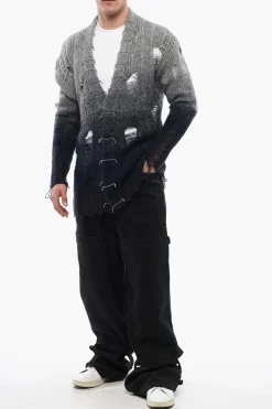 Fashion Cardigan In Lana Effetto Distressed Con Dettagli Perline Uomo Maglieria