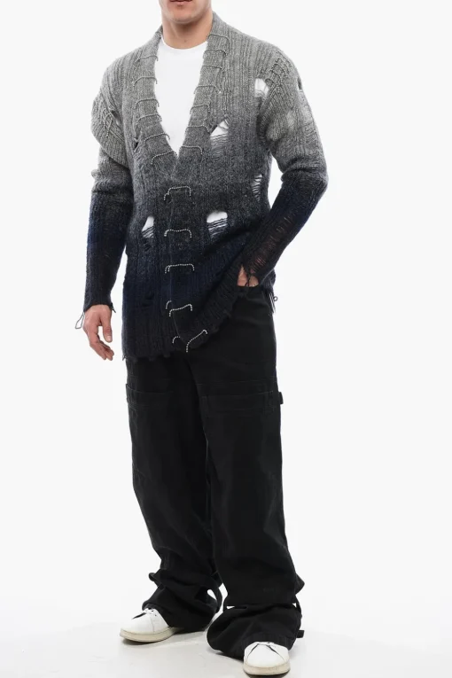 Fashion Cardigan In Lana Effetto Distressed Con Dettagli Perline Uomo Maglieria