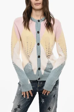 Cardigan In Lana Vergine Color Block Con Gioielli>Dsquared2 Fashion