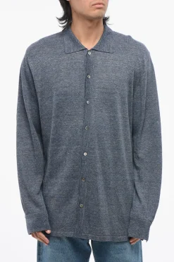 Clearance Cardigan In Lino con Collo a Polo Uomo Maglieria
