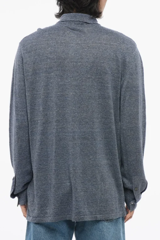 Clearance Cardigan In Lino con Collo a Polo Uomo Maglieria