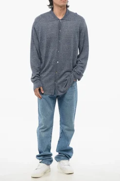 Clearance Cardigan In Lino con Collo a Polo Uomo Maglieria