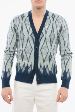 Online Cardigan in Misto Mohair con Motivo Diamond Uomo Maglieria