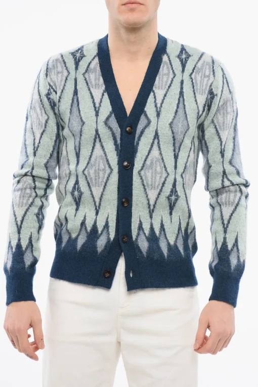 Online Cardigan in Misto Mohair con Motivo Diamond Uomo Maglieria