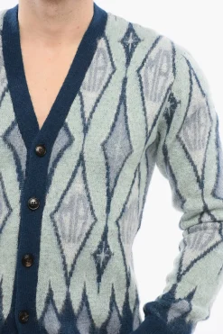 Online Cardigan in Misto Mohair con Motivo Diamond Uomo Maglieria