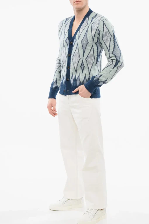 Online Cardigan in Misto Mohair con Motivo Diamond Uomo Maglieria