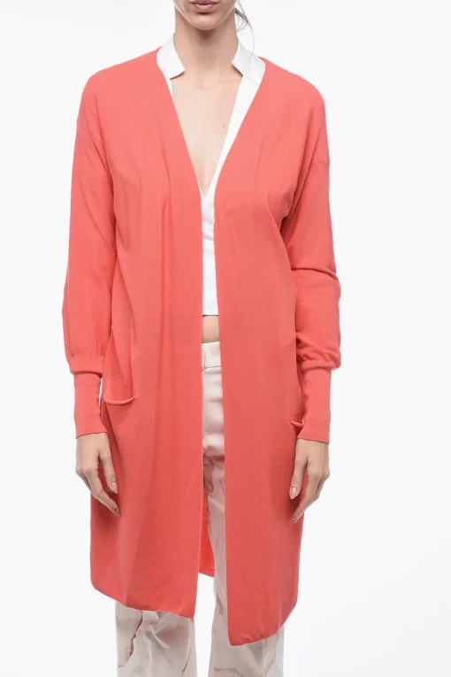 Sale Cardigan Lungo in Cotone Piquet con Polsini Donna Maglieria