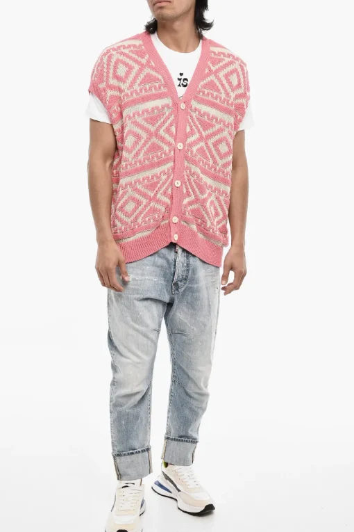 Outlet Cardigan Senza Maniche Bicolore con Scollo a V Uomo Maglieria