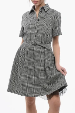 New Chemisier Svasato in Lana District Check con Dettaglio in Pizzo Donna Vestiti