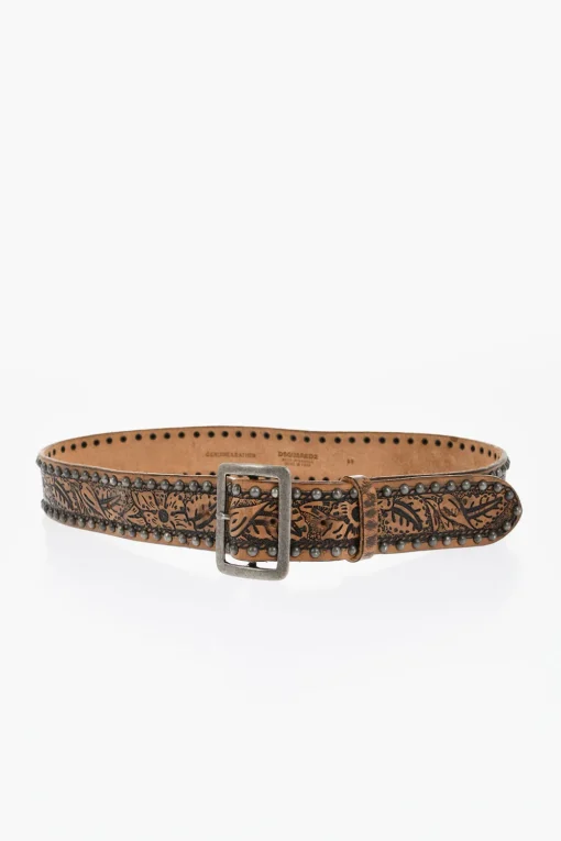Cintura in Pelle con Borchie e Motivo Floreale 40mm>Dsquared2 Online