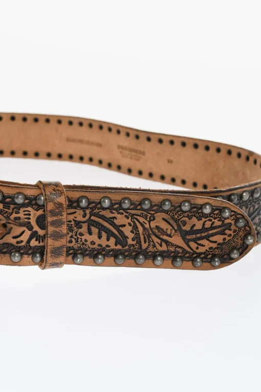 Cintura in Pelle con Borchie e Motivo Floreale 40mm>Dsquared2 Online