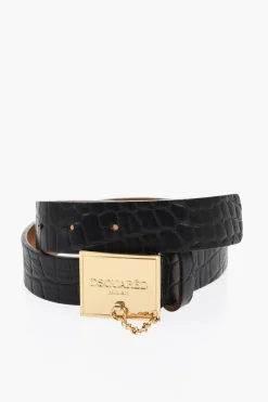 Clearance Cintura in Pelle Effetto Coccodrillo con Fibbia Dorata 30mm Donna Cinture