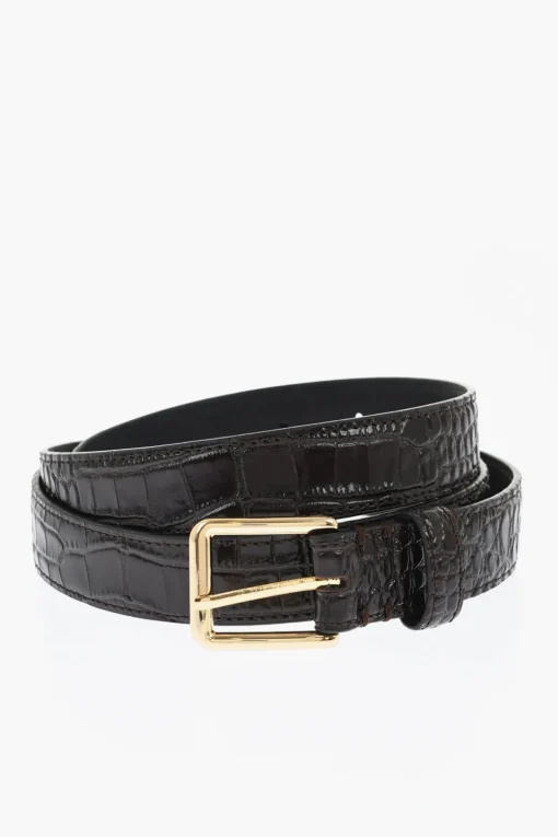Discount Cintura in Pelle Effetto Coccodrillo con Fibbia Dorata 25mm Uomo Cinture