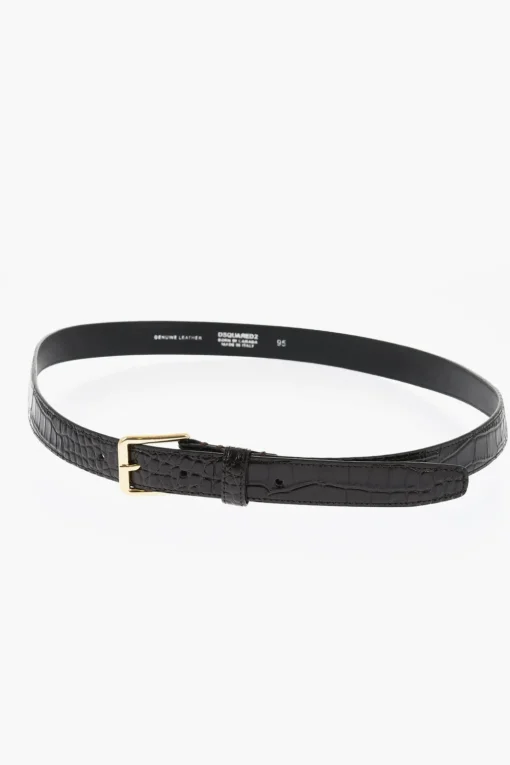 Discount Cintura in Pelle Effetto Coccodrillo con Fibbia Dorata 25mm Uomo Cinture