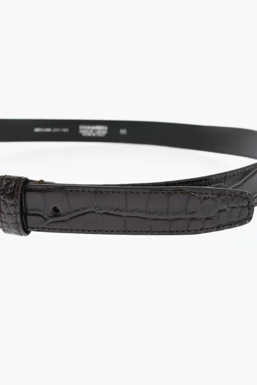 Discount Cintura in Pelle Effetto Coccodrillo con Fibbia Dorata 25mm Uomo Cinture