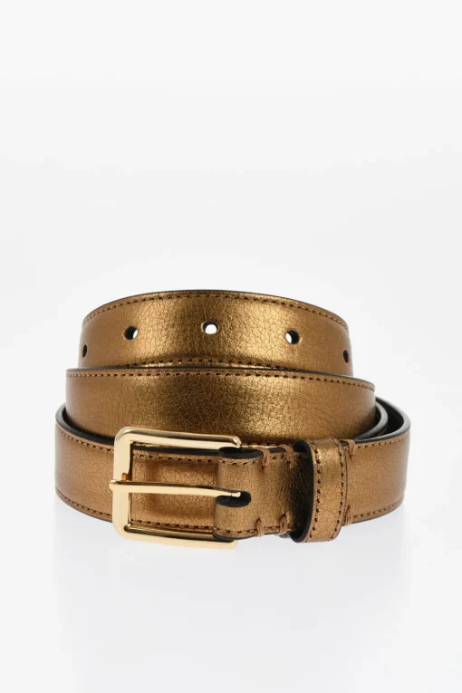 Discount Cintura in Pelle Lamè con Fibbia Dorata 25mm Uomo Cinture