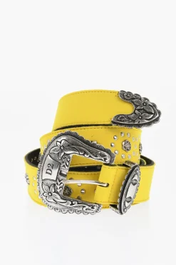 Cintura Western in Pelle e Tessuto con Borchie 40mm>Dsquared2 Fashion