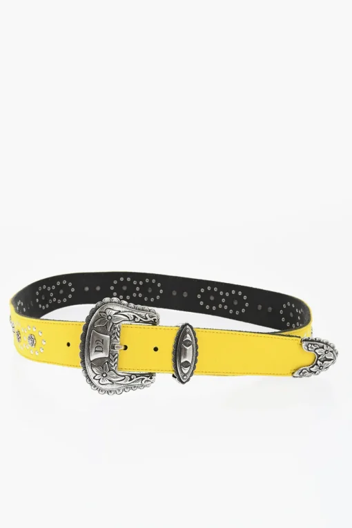 Cintura Western in Pelle e Tessuto con Borchie 40mm>Dsquared2 Fashion