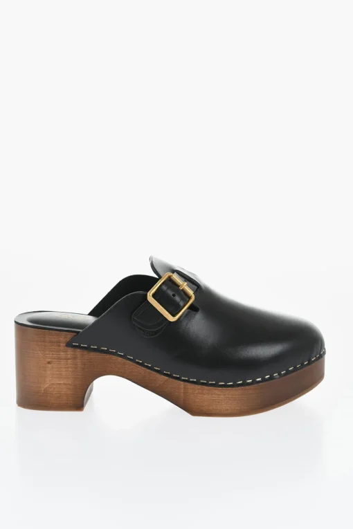 Clearance Clogs PROVENCE in Pelle con Fibbia Dorata Tacco 6.5cm Donna Scarpe Con Tacco