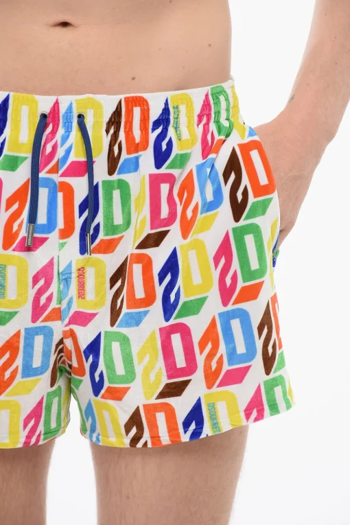 New Costume da Bagno Boxer in Ciniglia con Logo All-Over Uomo Costumi Da Bagno