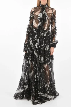 COUTURE EST.1978 vestito floor a balze trasparente in seta collo con fiocco>Philipp Plein Fashion