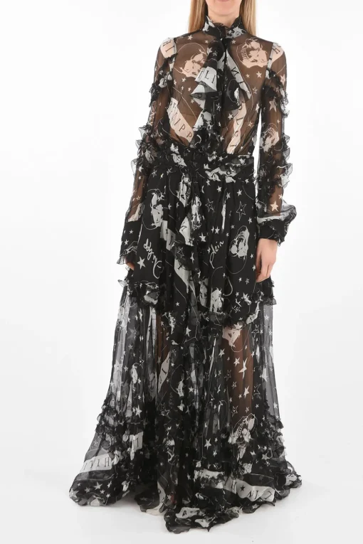 COUTURE EST.1978 vestito floor a balze trasparente in seta collo con fiocco>Philipp Plein Fashion