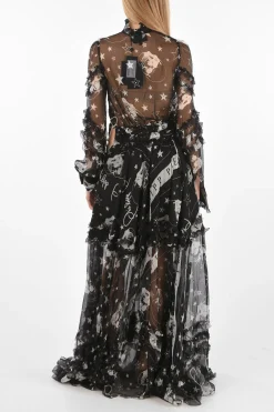 COUTURE EST.1978 vestito floor a balze trasparente in seta collo con fiocco>Philipp Plein Fashion