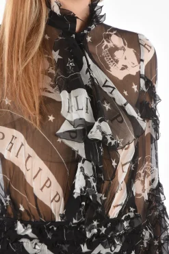 COUTURE EST.1978 vestito floor a balze trasparente in seta collo con fiocco></noscript>Philipp Plein Fashion