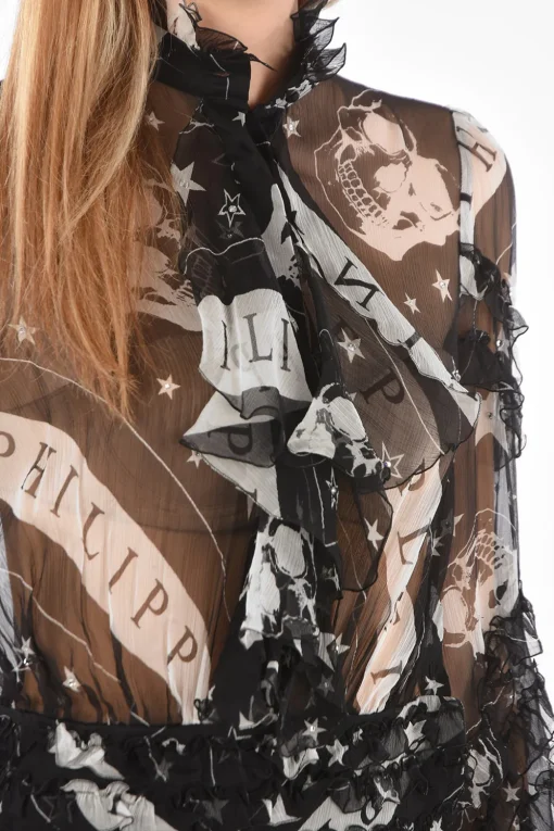 COUTURE EST.1978 vestito floor a balze trasparente in seta collo con fiocco>Philipp Plein Fashion