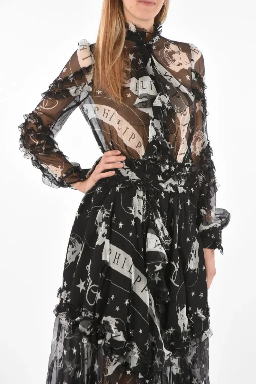 COUTURE EST.1978 vestito floor a balze trasparente in seta collo con fiocco>Philipp Plein Fashion