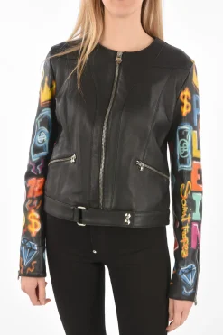 COUTURE Giubbotto in Pelle GRAFFITI con Maniche stampate>Philipp Plein Online