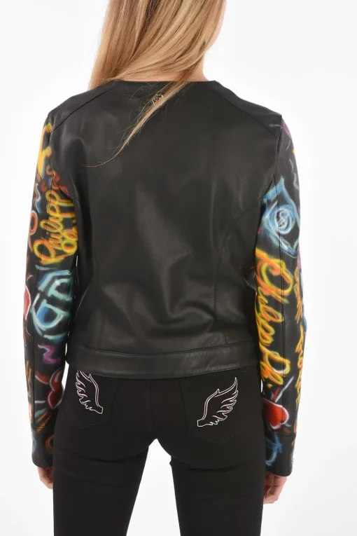 COUTURE Giubbotto in Pelle GRAFFITI con Maniche stampate>Philipp Plein Online