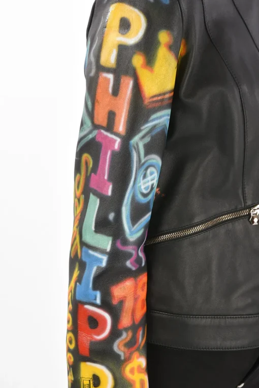 COUTURE Giubbotto in Pelle GRAFFITI con Maniche stampate>Philipp Plein Online