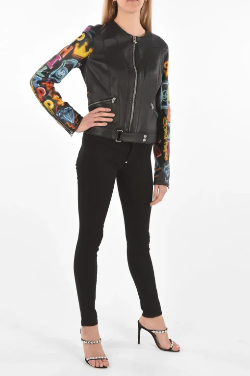 COUTURE Giubbotto in Pelle GRAFFITI con Maniche stampate>Philipp Plein Online