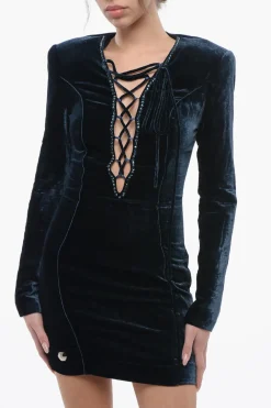 COUTURE Vestito ELEGANT in Velour con Dettaglio Lace-up></noscript>Philipp Plein New