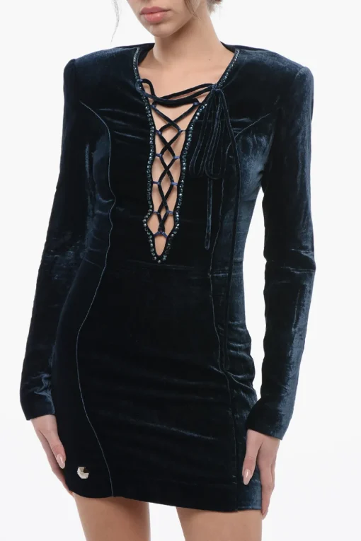 COUTURE Vestito ELEGANT in Velour con Dettaglio Lace-up>Philipp Plein New