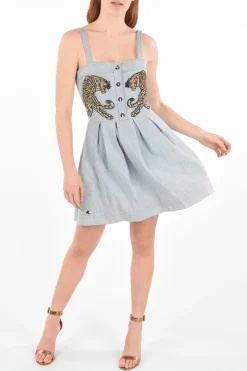 COUTURE vestito IT'S FINE LOVE in denim dettagli pieghettati con strass>Philipp Plein Clearance