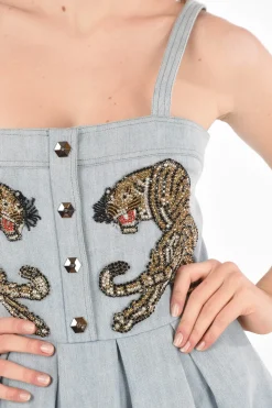 COUTURE vestito IT'S FINE LOVE in denim dettagli pieghettati con strass></noscript>Philipp Plein Clearance