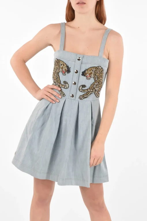 COUTURE vestito IT'S FINE LOVE in denim dettagli pieghettati con strass>Philipp Plein Clearance