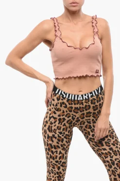 Clearance Crop Top a Costine con Logo Ricamato Donna Intimo